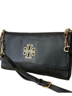 Tory Burch Britten Black Leather Fold Over Messenger Crossbody
